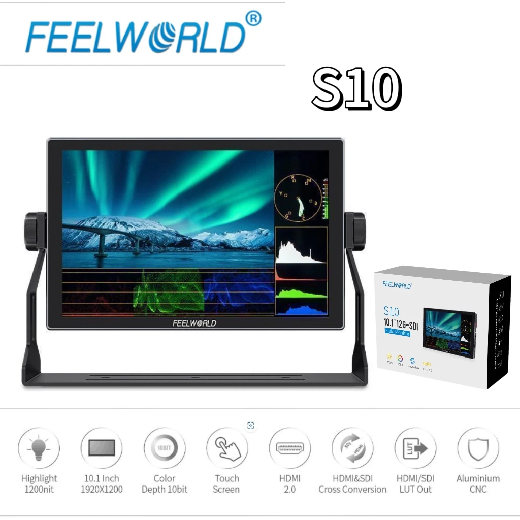 Feelworld S10 10-inch 12G SDI HDMI-compatible 2.0 Camera Field Monitor High Brightness 1200nit Touchscreen Monitor