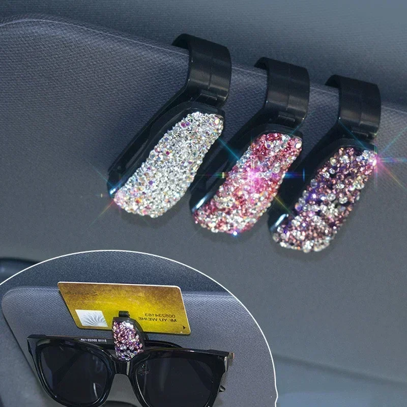 Crystal Diamond Magnetic Leather Sunglass Holder Eyeglass Hanger Clip Car Decor for Auto Sun Visor for Different Size Eyeglasses