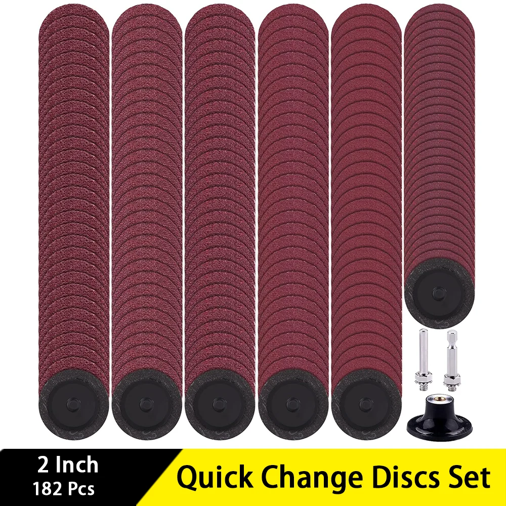 2 Inch Quick Change Disc 182 Pcs with 1/4'' Holder Assorted 60/80/120/180/240 Grits for Polishing Finishing Burr Rust Paint