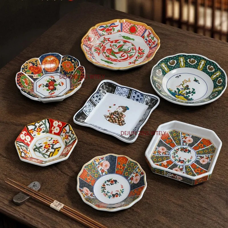 1PC Japanese Melamine Plates Retro Colorful Dinner Plates Not Easily Broken Plastic Tableware Sushi Snack Dessert Fruit Plate