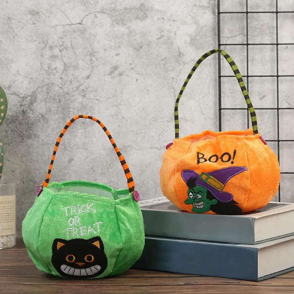 Halloween Tote Bag Embroidered Pumpkin Witch Tote Bag for Halloween Candy Trick or Treat Foldable Portable Handbag Basket