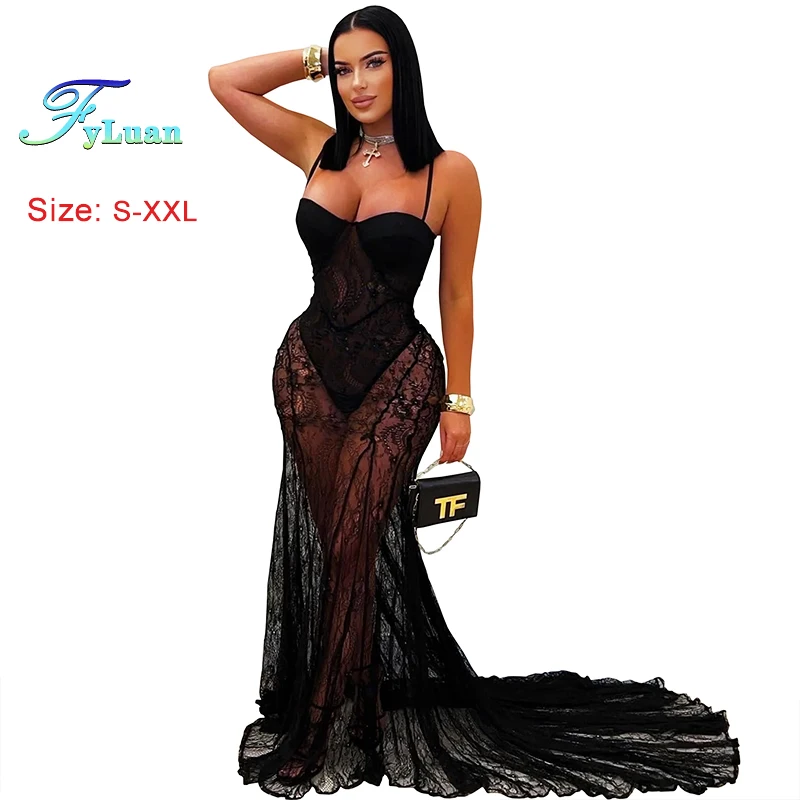 New Fashion Women Clothing Sexy Suspender Dress Lace Semi Perspective Evening Gown Sleeveless Slimming Fishtail Dress Long Dress