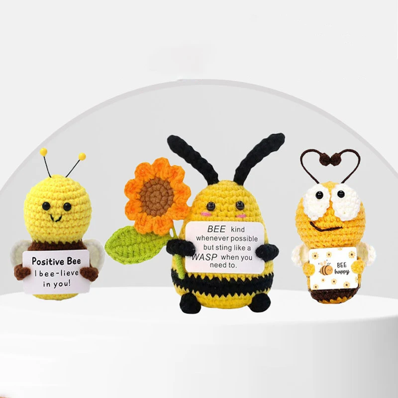 Positive Bee Crochet Doll Emotional Support Knitted Bee Toy With Encouraging Words Cute Desktop Ornament Inspirational Gift