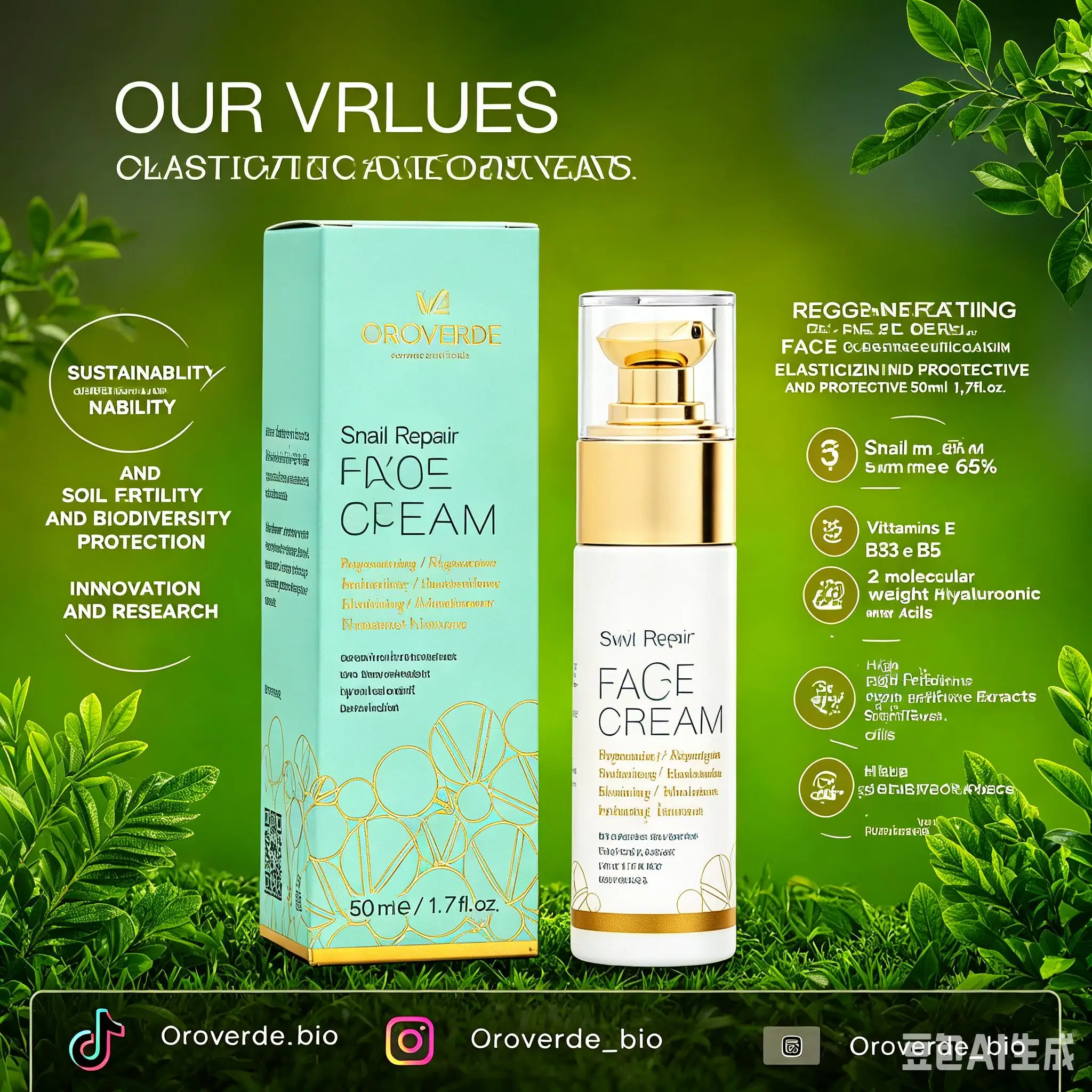 Crema Facial Reparadora de Caracoles Hecha en Italia Oroverde 65 con Mucina de Caracol, Ácido Hialurónico de Doble Molécula, Vitamina E, B3, B5, Aceite de Argán y Girasol, Regeneradora, Antioxidante, Hidratante, Antienvejecimiento, para Todo Tipo de Piel