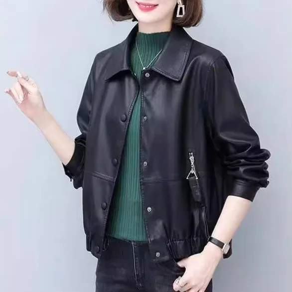 

Women's Turn down Collar Single Breasted Side Zipper Elastic Hem Loose Cropped Faux Leather Jacket Elegant Comfort Commute Coat