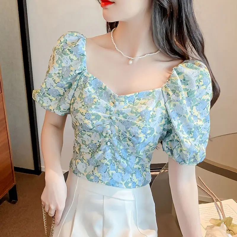 

Square Collar Puff Sleeve Pleated Floral Shirt for Women Design Fresh Short Top