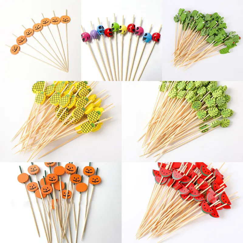 100Pcs Disposable Bamboo Food Picks Stick Cupcake Fruit Salad Vegetable Toothpick Wedding Halloween Party Cake Dessert Fork