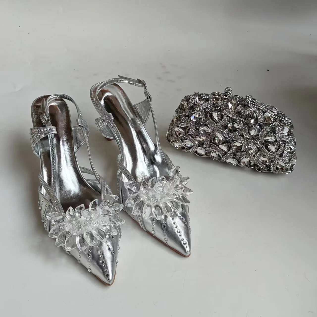 Full Diamond Pointed Baotou High Heels Sandals Crystal Rhinestones Wedding Dinner High Heels Shoes and purses view 5