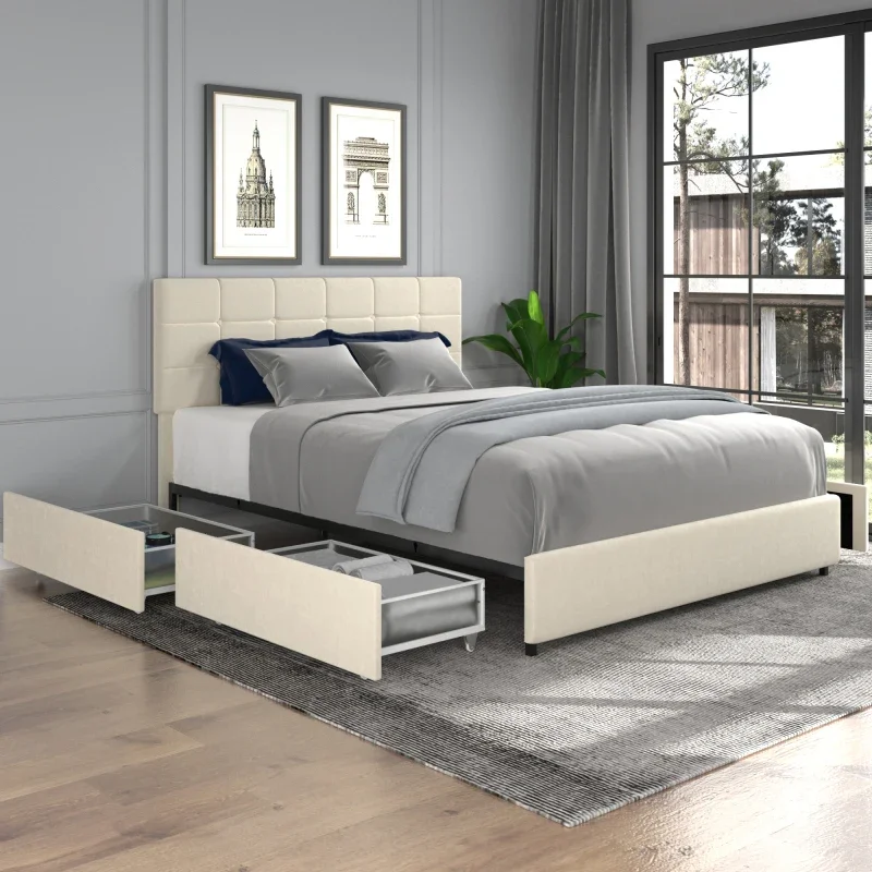 High Quality Queen Size Velvet Upholstered Platform Bed with 4 Drawers, Square Stitched Button Tufted Headboard,