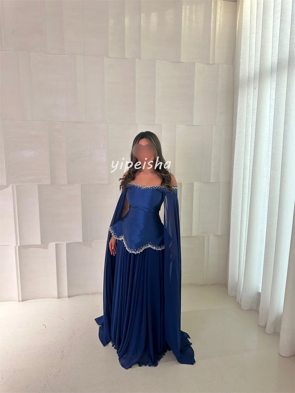 Exquisite Intricate Casual Chiffon Beading Rhinestone Sequined A-line Off-the-shoulder Long Dresses Bespoke Occasion Dresses