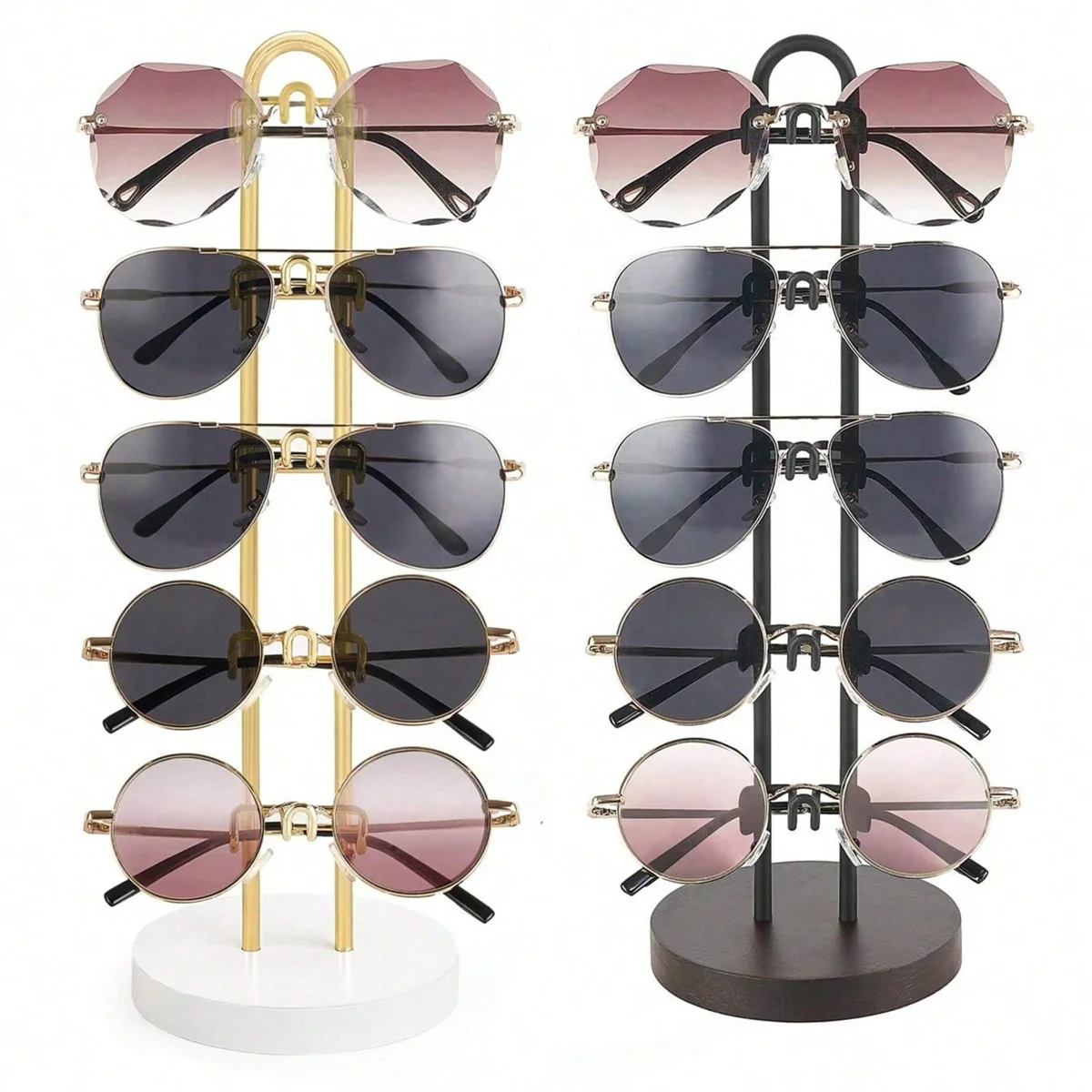 1pc Sunglasses Organizer Glasses Holder Stand Sunglass Storage Eyeglasses Rack Metal Frame with Wood Base for Eyewear Display
