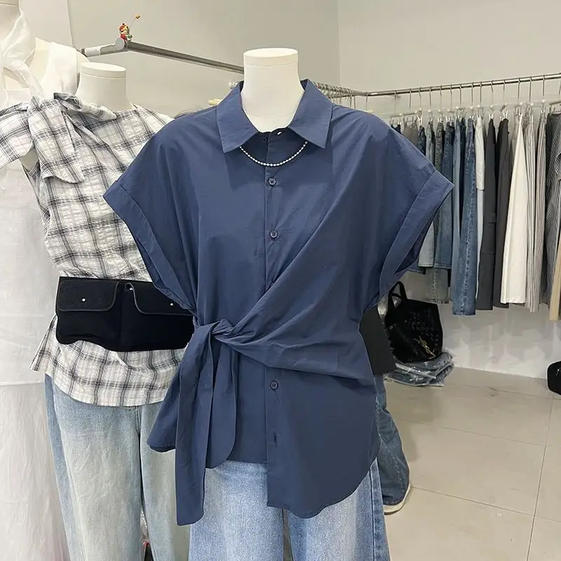 Koreański styl casual, top damski na lato z nowym wzorem, wiązany w talii, modny kołnierzyk, włókno poliestrowe.