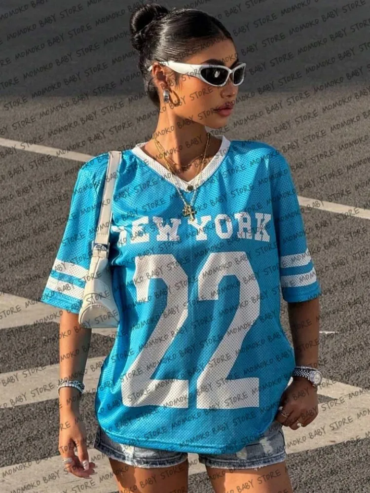 

New York 22 Pattern For Women Mesh Breathable Sports Tshirts Top Casual V-neck Sports Tshirt Oversized Loose Y2K Top