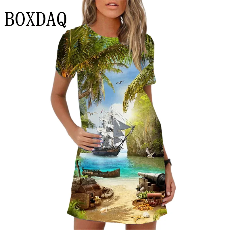 New Summer Women Dress 3D Print Mermaid Pattern Elegant Sweet A-line Dress Loose Beach Casual Short Sleeve Oversize Ladies Dress