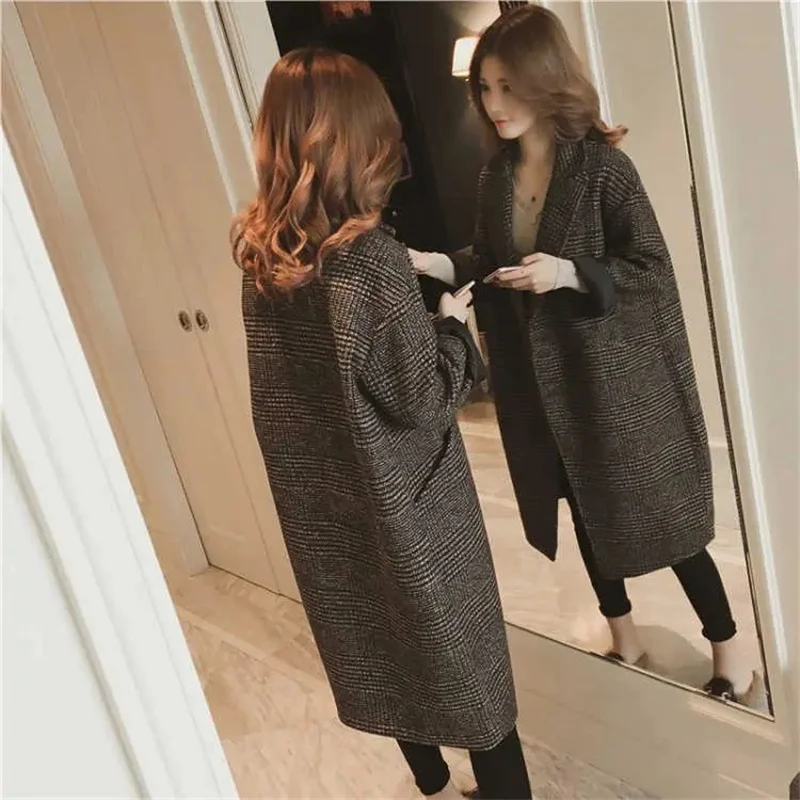 22 Autumn Winter New Korean Version Medium And Long Houndstooth Woolen Jacket Women Suit Collar Plaid Over-The-Knee Cocoon Coat