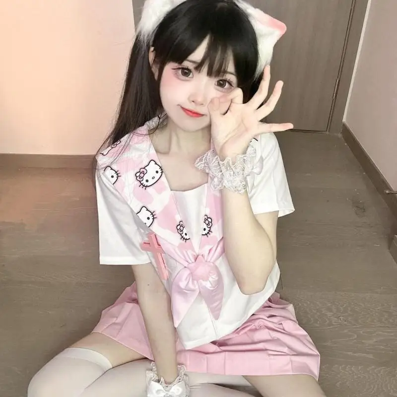 

Sanrio Sweet Lolita Hello Kitty Pink Tops Y2K Jk Uniform Blousers Soft Cute Print Navy Collar Shirts Top Girls Summer Clothes