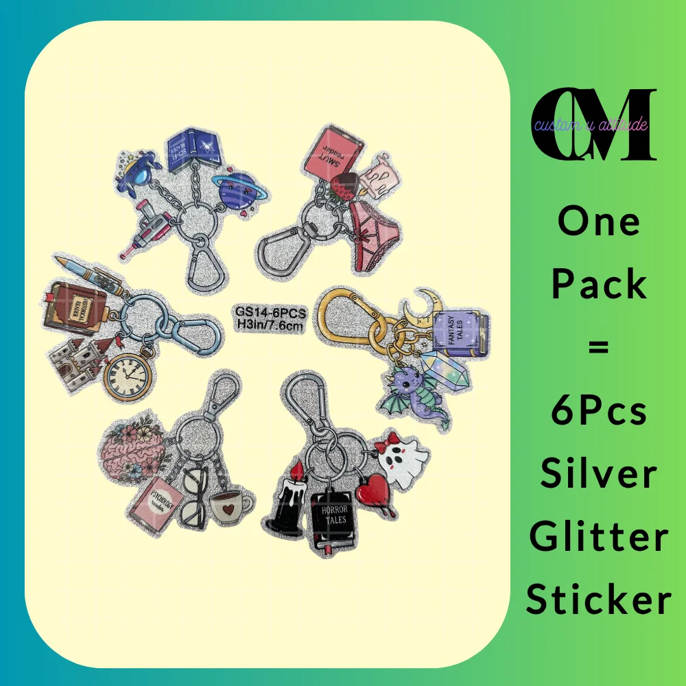 

6pcs Aesthetic Romance Bookish Keychain Gold Silver Glitter UV DTF Stickers Sparkling Decal For Cup Mug Notebook Paper DIY Craft