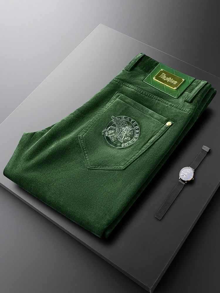 

Green Corduroy Embroidered Slim Fit Men's Casual Pants Thickened Autumn Winter Straight Leg Flat Velvet Trousers