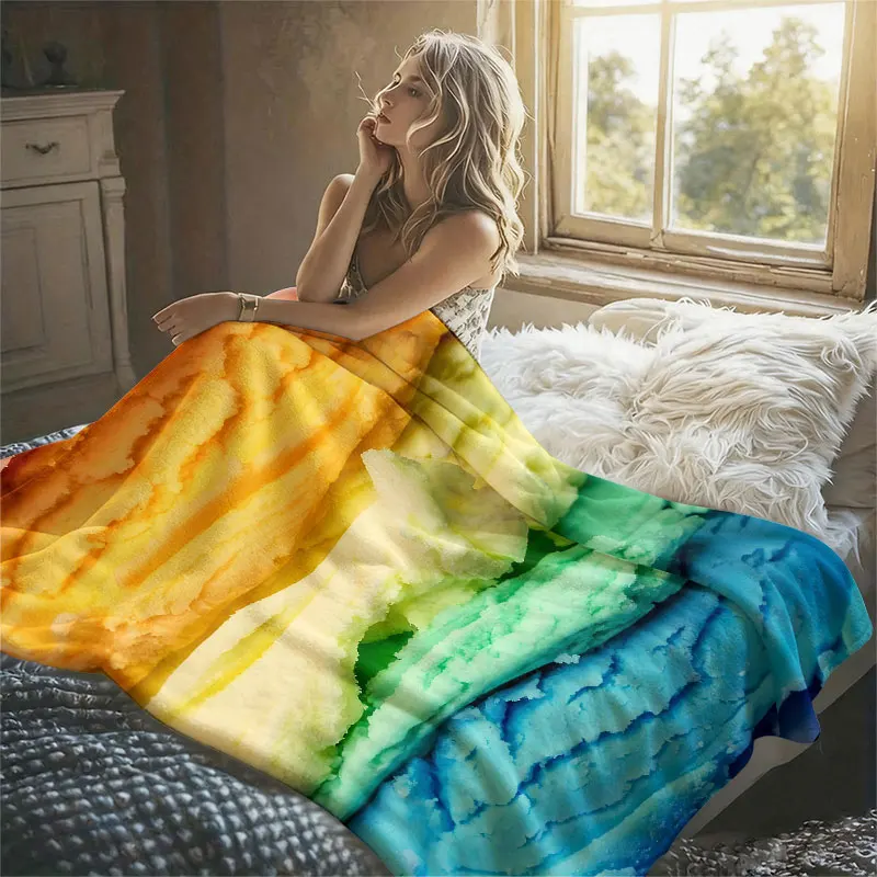 Rainbow Ice Cream Layers Flannel Blanket Perfect for Sofa Office Bed Travel Sleep Read Relax Camping Four Season Use