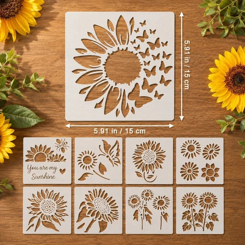 9Pcs Sunflower Butterfly Stencils Reusable PET Stencils for Painting Floral Craft Templates Wall Wood Fabric Pillow DIY Decor