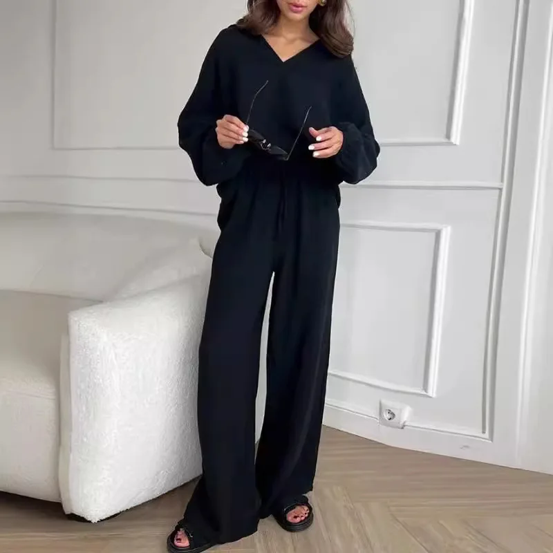 Loose Casual Solid Two Piece Set Spring Fashion Commuter Lapel Long Sleeve Pullover Top Elastic Waist Strap Wide-leg Pants Set