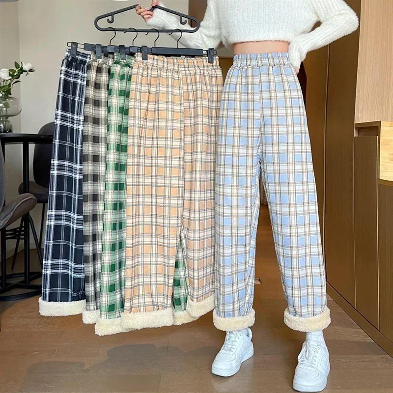 JMPRS Winter Thick Plaid Pants Women Korean Fashion Warm Loose Wide Leg Trousers Student Y2K Causal High Waist Pants Outwear