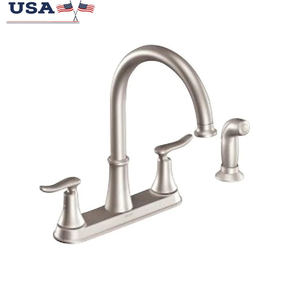 

Смеситель для кухни с высокой дугой и боковым распылителем. Конструкция с двумя ручками. Быстрое подключение. Простая установка. Точечная устойчивость. Нержавеющая сталь. Аэрогрированная отделка.