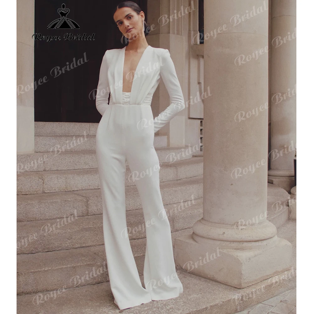 2026 Modern White Crepe Bridal Jumpsuit Deep V Neck Long Sleeve Wedding Outfit with Open Back Customized