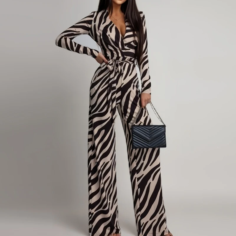 

Элегантный комбинезон с V-образным вырезом и шнуровкой, 2026, женский повседневный комбинезон с длинными рукавами для отпуска, модный комбинезон с полосатым принтом и поясом для вечеринок