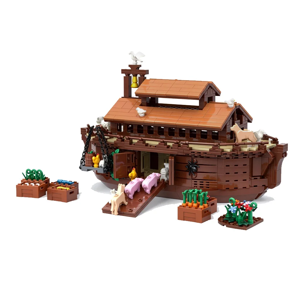 MOC Noahs Ark Modell Bausteine Mittelalterliche Schiff Religion Architektur Und Nette Mini Tiere Montage Ziegel Spielzeug Geschenk – Detail 7