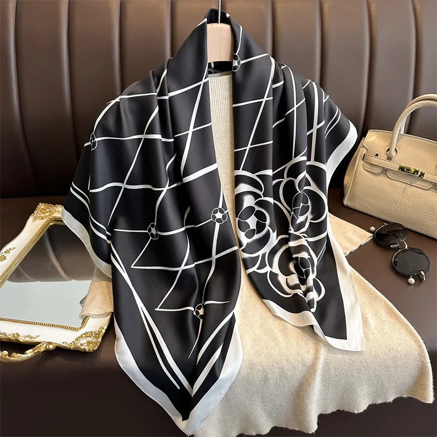 90*90cm Silk Scarves Women Print Satin Square Head Hijab Ladies Luxury Shawl Bandanna Female Muffler Chiffen Wrap Foulard Ribbon