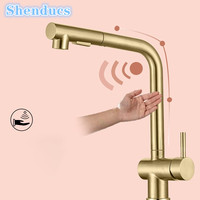 Brushed Gold Touch on Kitchen Sink Faucets Hot Cold Pull Out Kitchen Sink Mixer Tap Smart Sensor Touch Kitchen Mixer Faucet