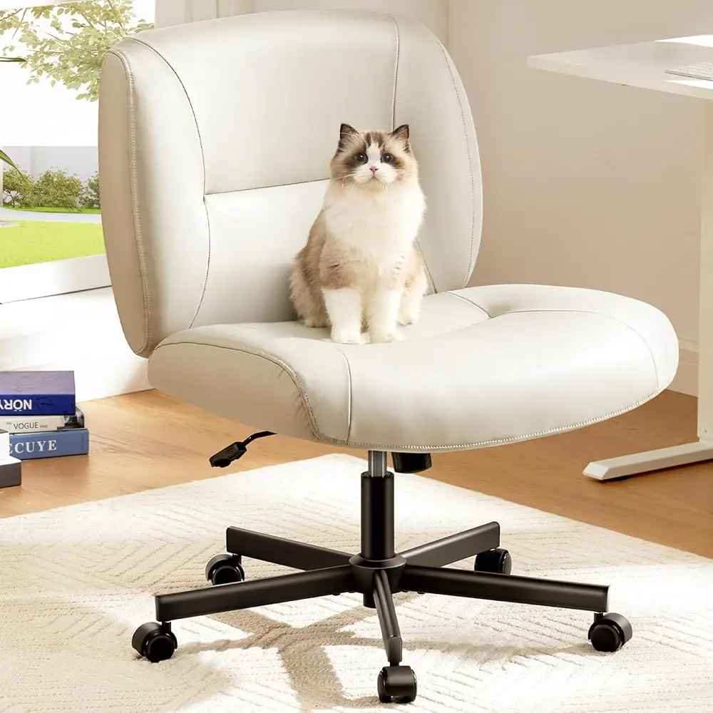

Criss Cross Chair With Wheels, Scratch-Resistant Pvc Leather Cross Legged Office Chair, Wide Mid-Ba Comfy Arml Desk Chair,