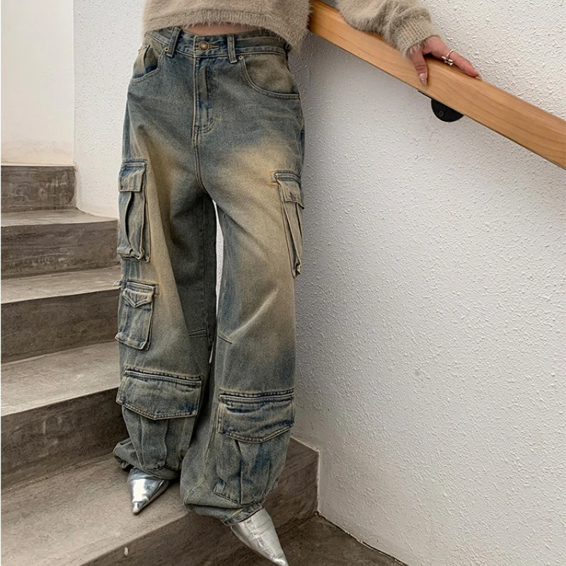 

Denim Cargo Pants Jeans Women Vintage Floor Length Multiple Pockets Low Waist Washed Distressed 2025 Streetwear Loose Trousers
