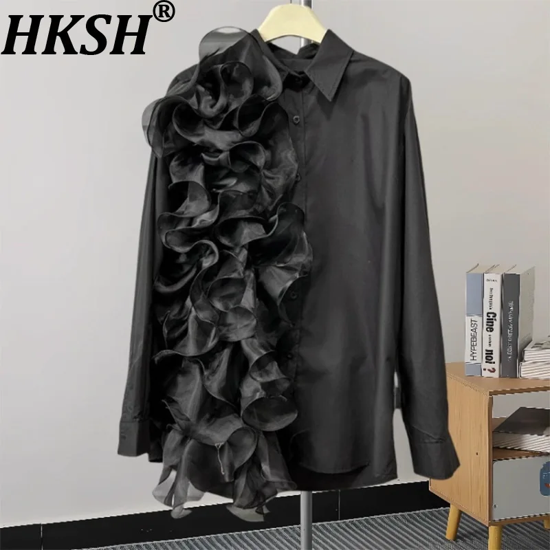 

HKSH Spring Autumn New Women Shirt Three-Dimensional Mesh Ruffled Spliced Long Sleeves Single Breasted Blouse Sweet Tops HK16448