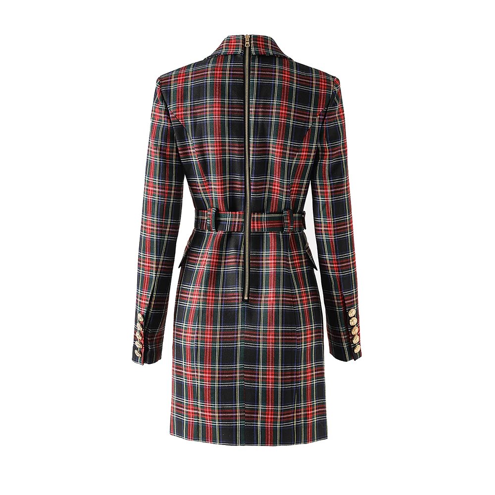 2024 stile Vintage nero rosso Plaid primavera autunno stile elegante Lady Women Slim Office Blazer Dress con cintura