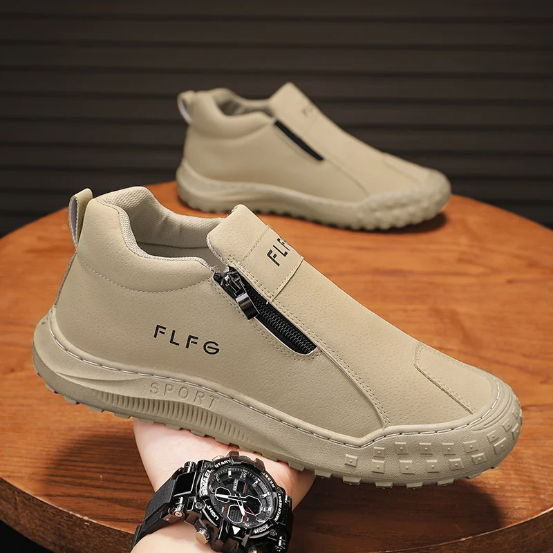 

Новая кожаная мужская обувь, лоферы без шнуровки, подошва с боковой молнией, дышащие модные нескользящие уличные повседневные прогулочные туфли на плоской подошве, мужские лоферы