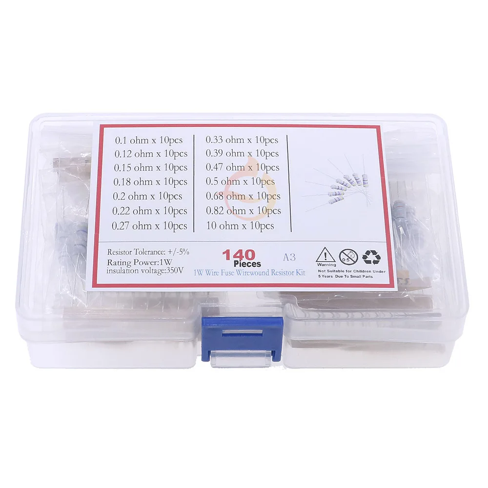 1/2W 1W Fuse Wirewound Resistor Mix kit Box 5color ring 0.1ohm 0.12R 0.15R 0.2R 0.33R 0.39R 0.47R 10ohm 22R 33R 47R 51R 82R 100R