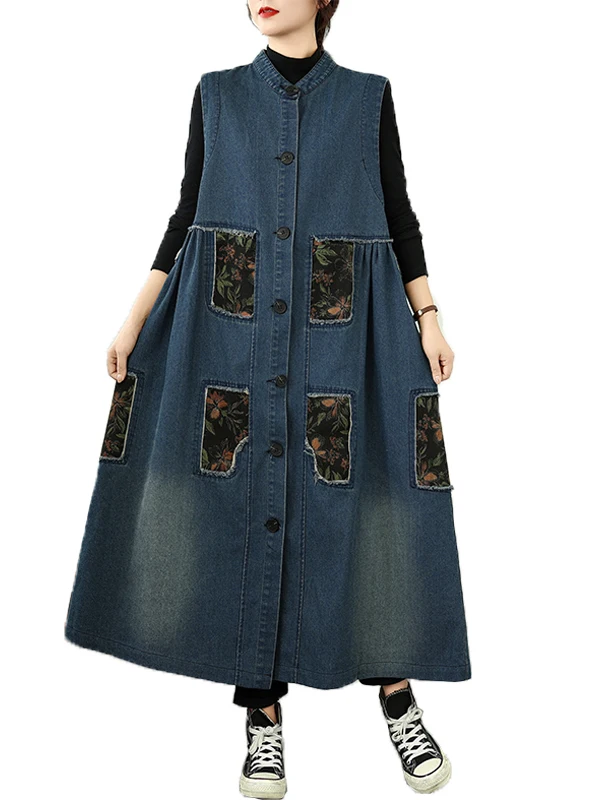 Vintage retalhos denim svel jaet tamanho grande feminino único botão gola casaco longo sle outono outerwear