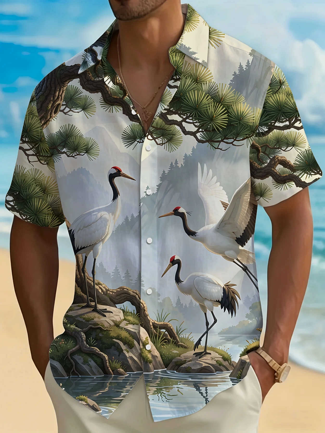 Men's Hawaiian Short Sleeve Shirt Vintage Colorful Crane Landscape Print Turn Down Collar Casual Beach Holiday Top Mens Clothing