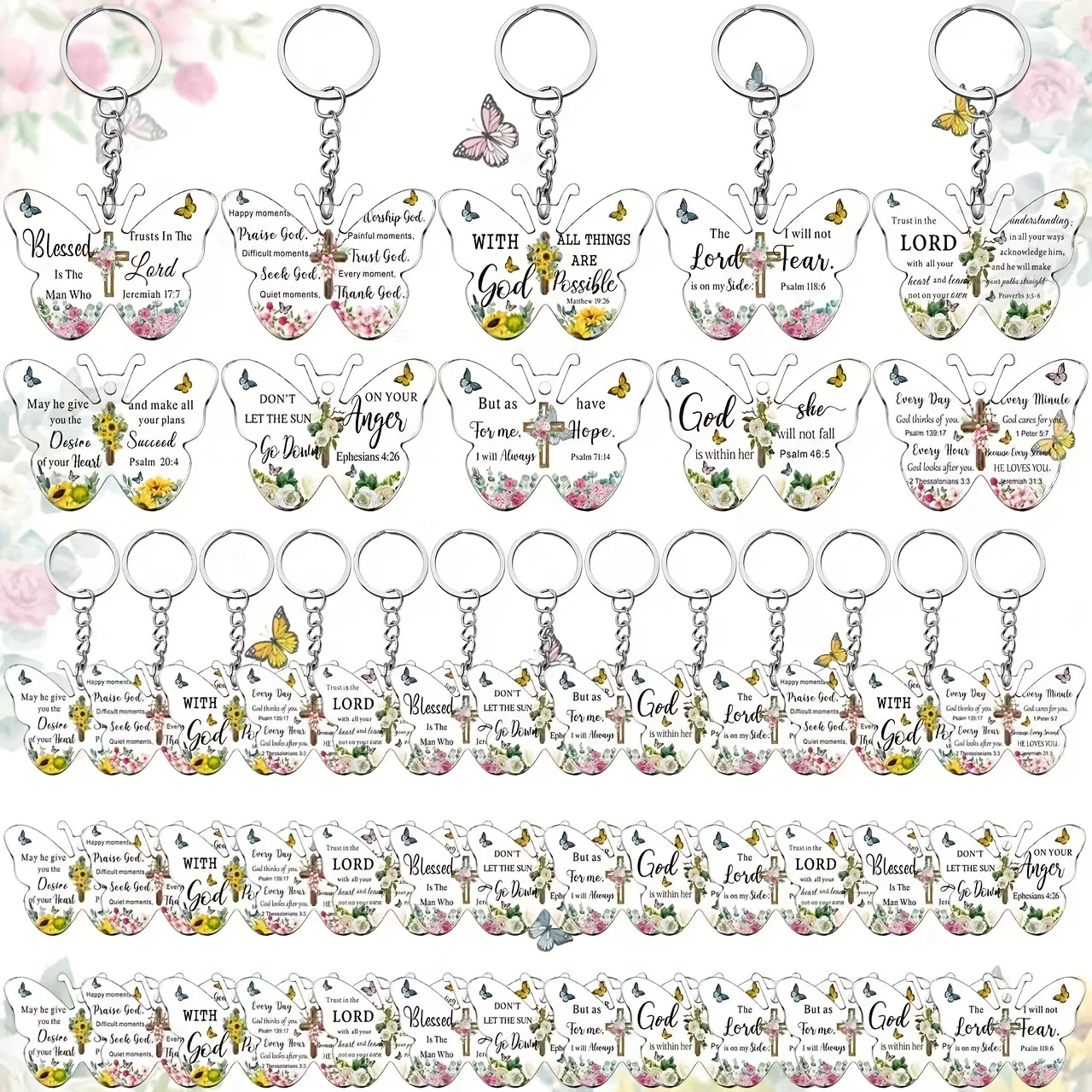 50pcs Christian Keychain Gift Bulk Religious Bible Verse Scripture Inspirational Acrylic Church Gift for Women Birthday (Butterfly)