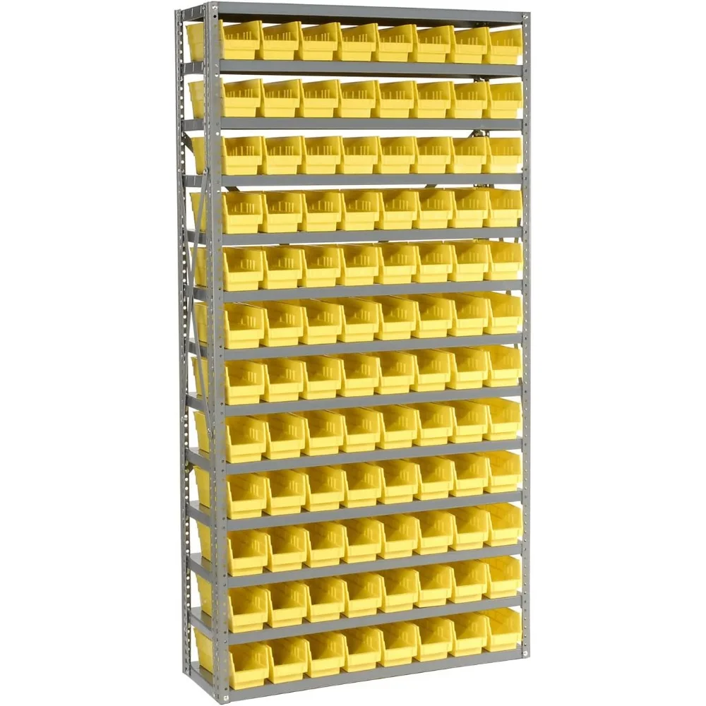

13 Shelf Steel Shelving with (96) 4" H Plastic Shelf Bins, Yellow, 36x12x72