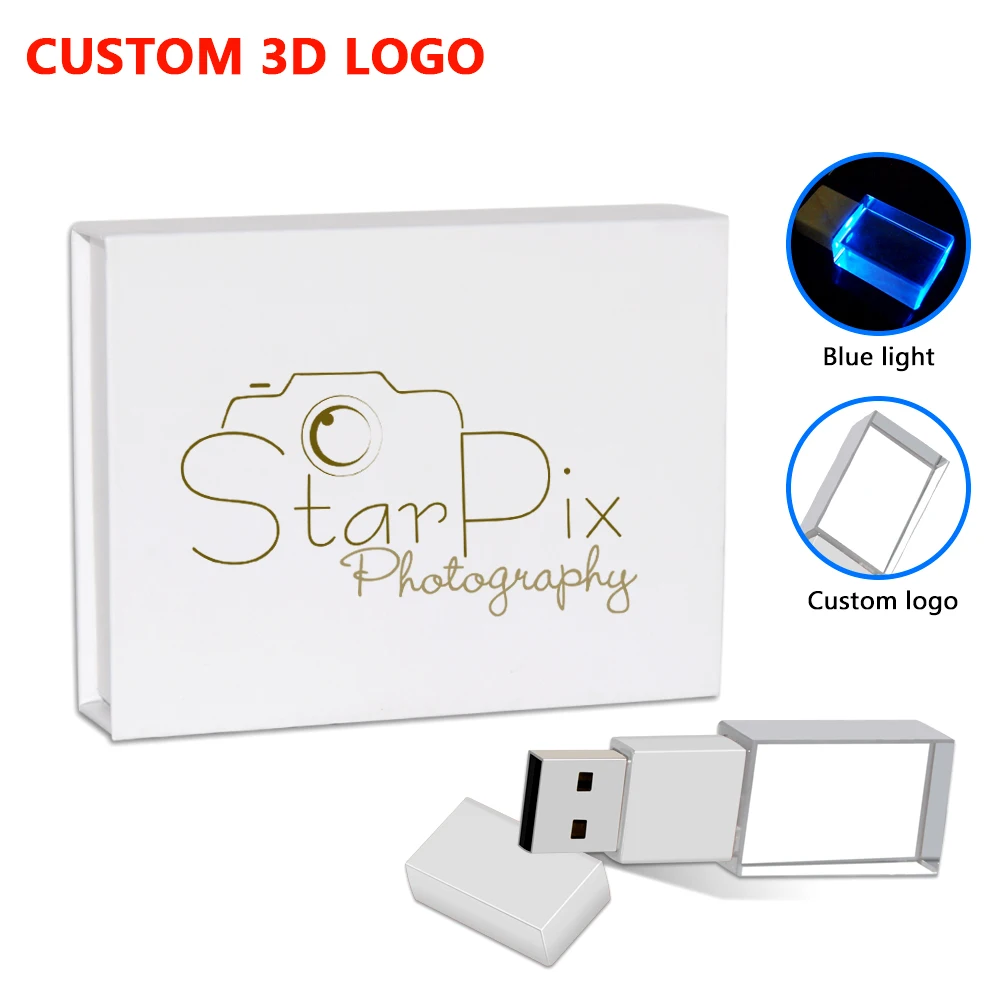 Wedding Photography Gift Box USB 3.0 Flash Drive Free Custom Logo Crystal Pen Drive Color Printing Memory Stick 64GB High Speed