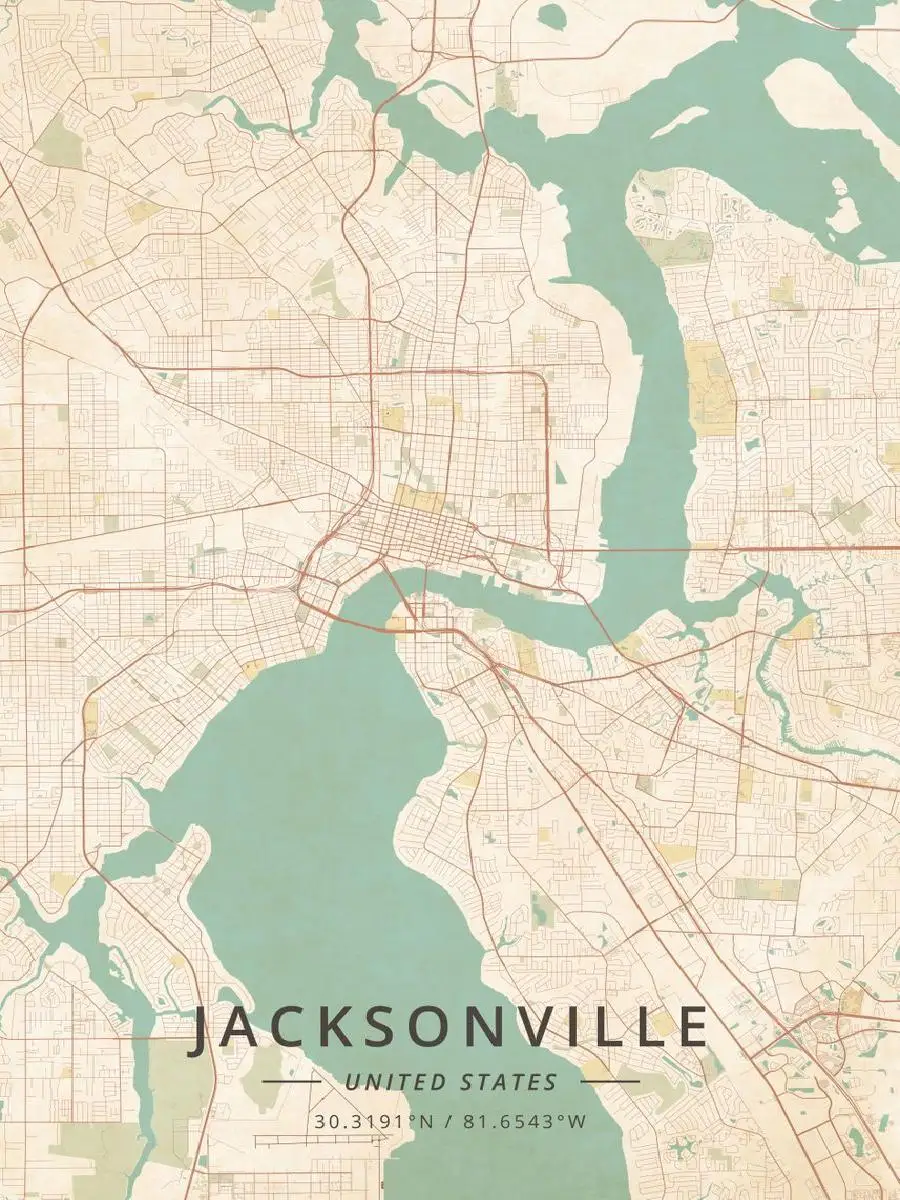 Jacksonville City Map Poster  Nature  Travel Collection Decorative Wall Art Print for Home Decor Unique Cartographic Design