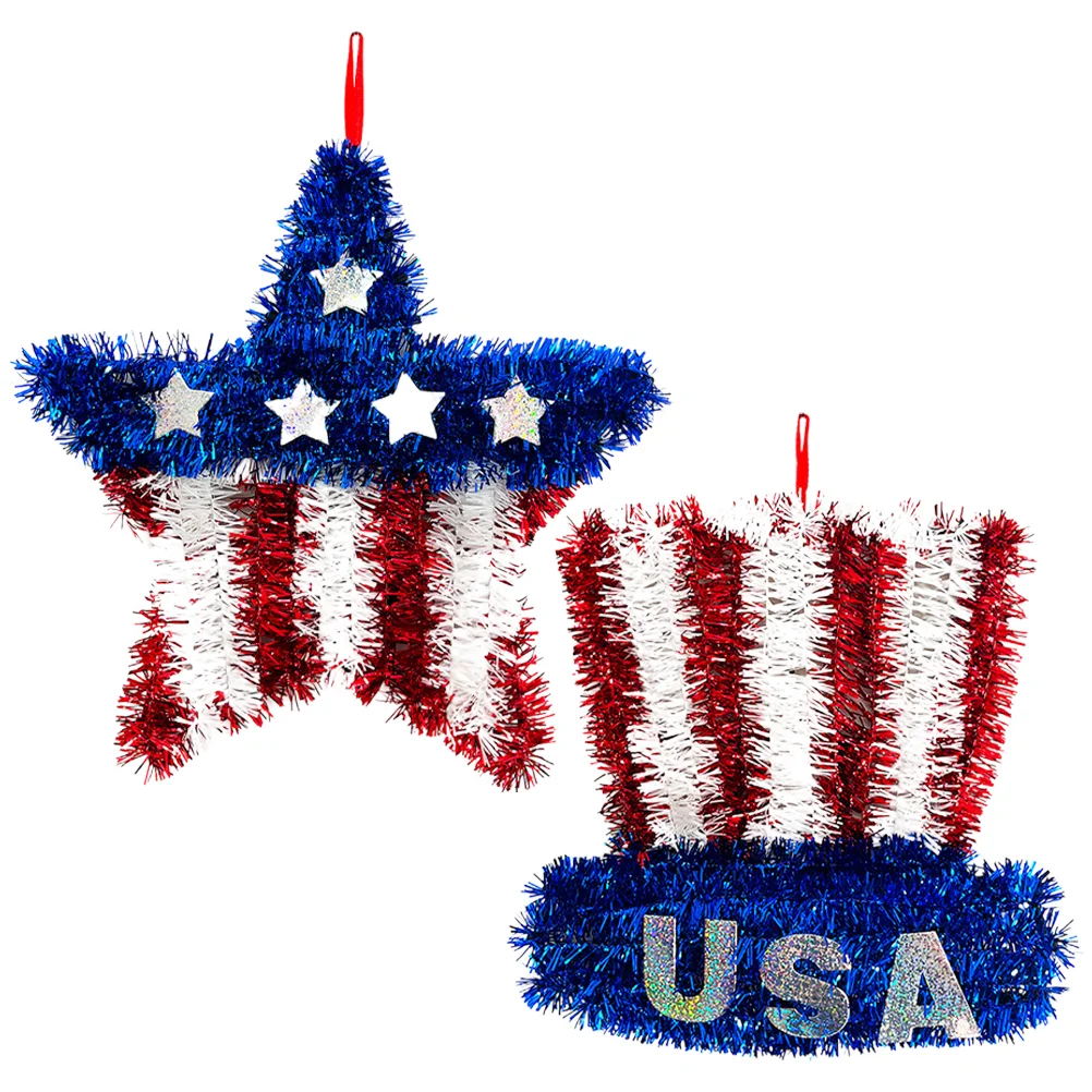 

2 Pcs American Independence Day Decorative Wreath Hanging Pendant Red White and Door 2pcs (five-pointed Star + Hat)