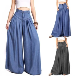 Women's Casual Cotton Linen Jeans Fashion Solid Colour Wide-leg Pants Ladies Loose Plus Size High Waist Long Trousers