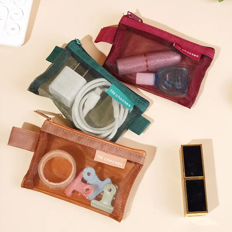 Small Square Solid Color Coin Bag Nylon Mesh Lipstick Key Earphone Organizer Holder Bus Bank ID Credit Cards Pouch Case Storage