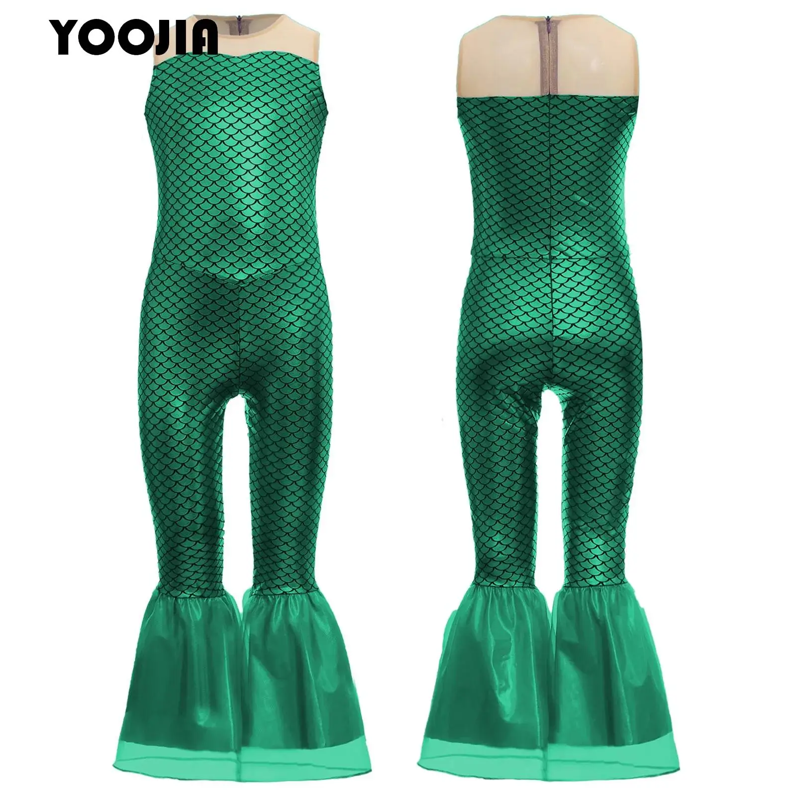 Girls Halloween Mermaid Princess Cosplay Costume Sleeveless Metallic Fish Scales Print Mermaid Jumpsuit Mermaid Party Rompers