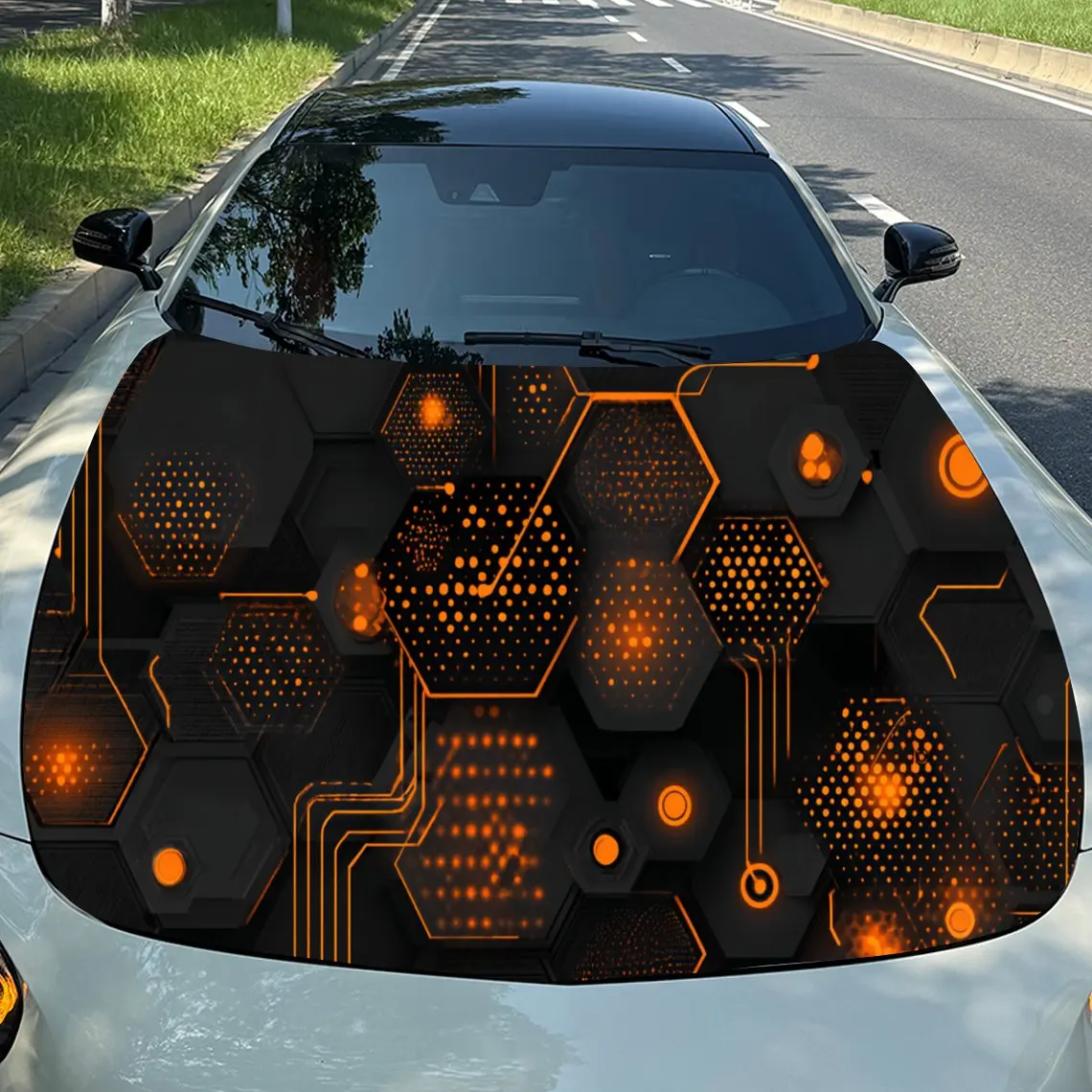 

Cyber Hexagon Tech Adventure PVC Car Engine Hood Vinyl Wraps, Self-Adhesive Waterproof Car Hood Decal Sticker, Car Decoration Pr