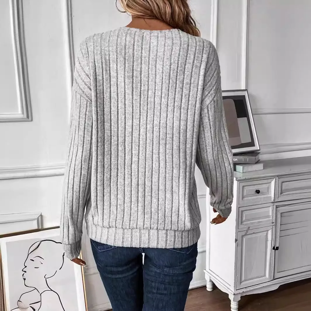 Autumn Winter New Popular Long-sleeved V-neck Knitted T-shirt Casual Solid Color Top Women's Clothing Europe The United States
